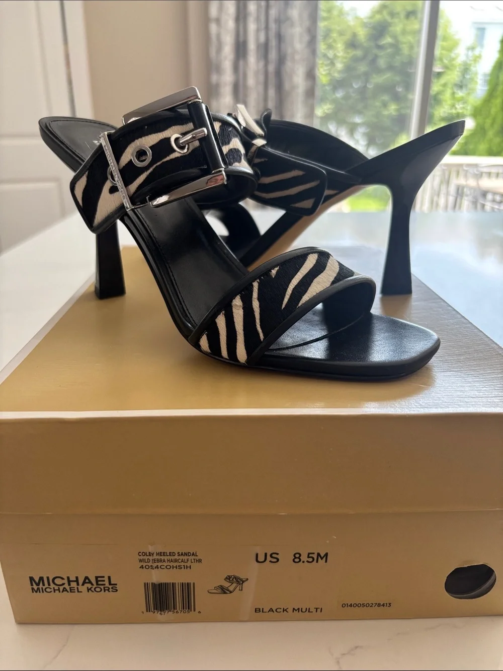 Michael Kors Black and White Colby Heeled Sandal Zebra-Print Buckle Heels